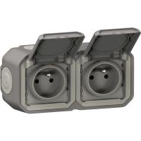 PLEXO double prise 2 P+T horizontal gris saillie